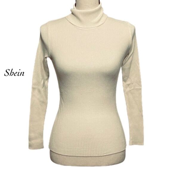 Shein Cream Ribbed Lightweight Turtleneck Long Sleeve Bodycon Sweater Size S - Picture 1 of 6